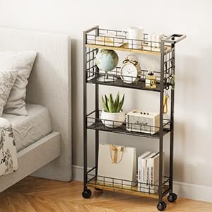 LASZOLA Slim Storage Cart with Wheels, 4 Tier Mobile Narrow Shelving Unit Organizer Utility Cart with Handle, Skinny Rolling Trolley for Small Space Kitchen Bathroom Laundry, Black and Rustic Brown - Image 8