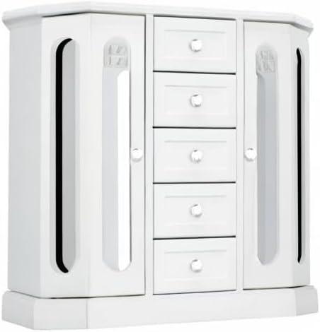 RR ROUND RICH DESIGN Jewelry Box - Made of Solid Wood with Cabinet Type 5 Drawers Organizer and 2 Separated Open Doors on 2 Sides and Large Mirror White - Image 8