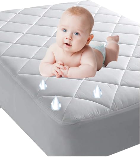 Venneti Crib Mattress Cover - Cotton Waterproof Mattress Protector for Newborn - Premium Quality Hypoallergenic and Breathable Fabrics - Soft and Comfortable… (White, Crib Mattress Pad)