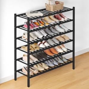 Smiry Bamboo Shoe Rack for Closet, 6 Tier Long Wooden Stackable Shoe Organizer, Free Standing Shoes Storage Shelf for Entryway, Front Door Entrance, Black by Smiry