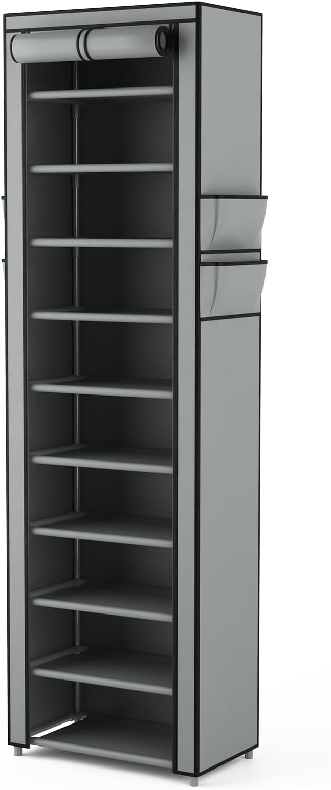 VTRIN Vertical Narrow Shoe Rack Organizer Tall Shoe Rack for Closet Entryway 10 Tier Non-Woven Cover Shoe Shelf Holds 20-22 Pairs Free Standing Shoe Storage Cabinet with Dustproof Cover, Grey - Image 8