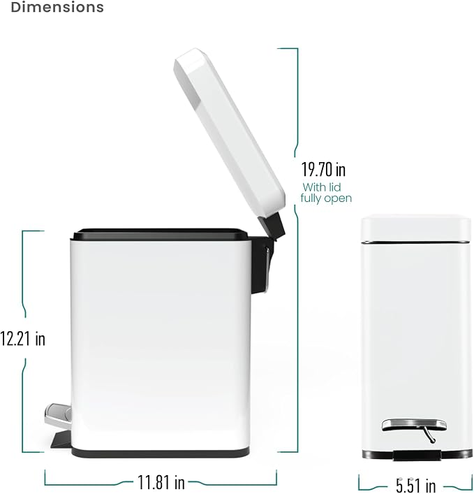 Home Zone Living 1.3 Gallon Small Bathroom Trash Can with Lid and Step Pedal, Stainless Steel Wastebasket with Slim Design for Home and Office, Matte White, 5 Liters - Image 7