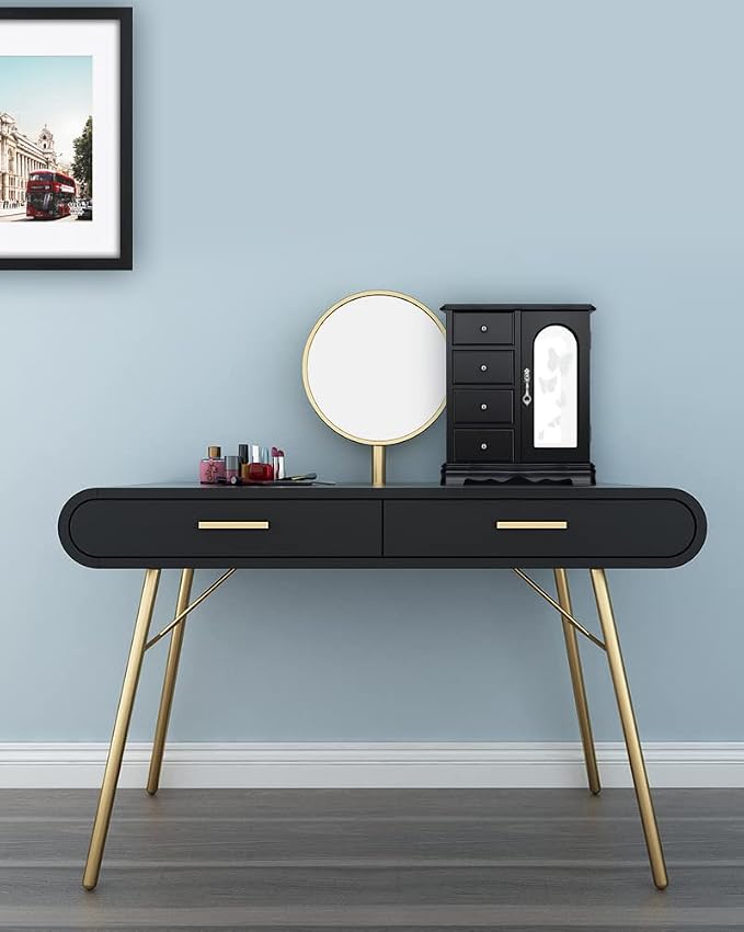 RR ROUND RICH DESIGN Jewelry Box - Made of Solid Wood with 4 Drawers Organizer and Built-in Necklace Carousel and Large Mirror Black - Image 7