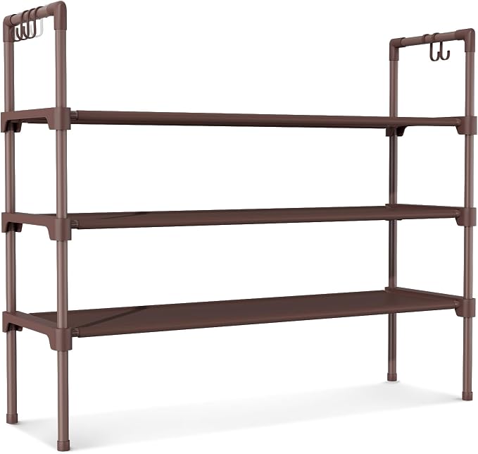 LANTEFUL 3 Tier Shoe Rack for Closet Shoe Organizer with 5 Hooks, Long Shoe Shelf Storage for Shoe and Boot Stackable Free Standing Shoe Rack for Entryway, Garage, Small Spaces, Dorm, Brown - Image 8