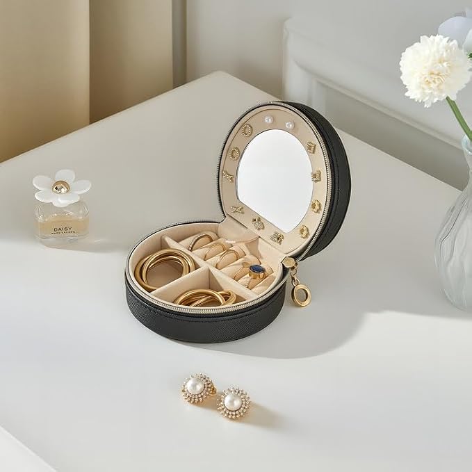 ProCase Travel Size Jewelry Box, Mini Portable Seashell-Shaped Jewelry Case with Mirror, 2 Layer Organizer in PU Leather for Women -Black - Image 7
