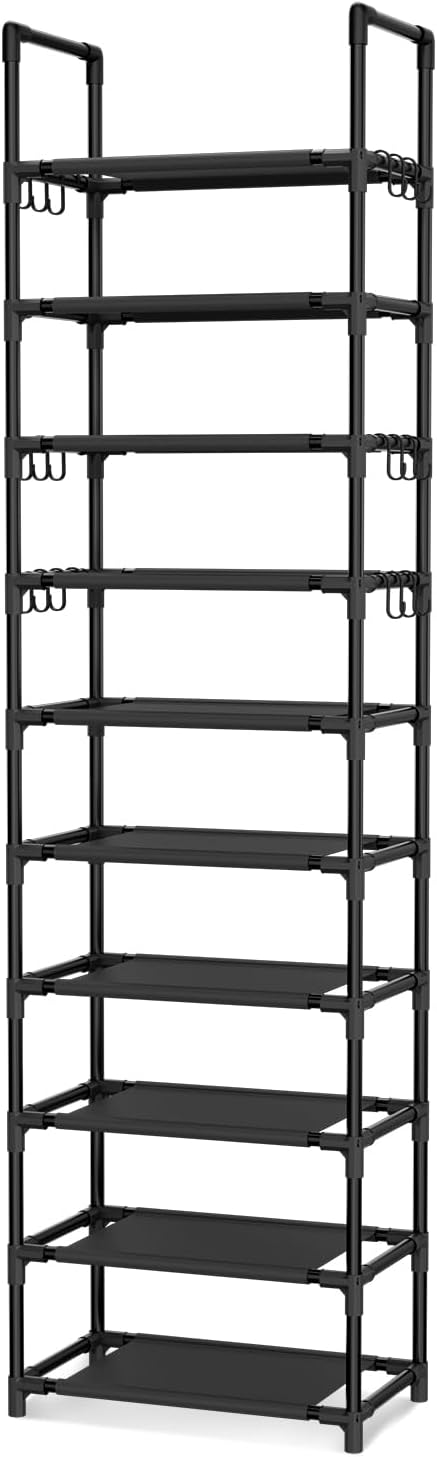 VTRIN 10 Tiers Tall Shoe Rack Holds 20-25 Pairs of Shoes Sturdy Vertical Shoe Organizer with 18pcs Hooks Stackable Narrow Shoe Rack for Closet, Entryway Black - Image 8