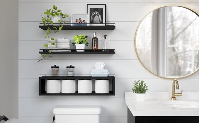 WOPITUES Floating Shelves for Wall 24 inch with Cube Shelf, Wall Shelves with Metal Rail for Decor, Bathroom Organizers and Storage, Over Toilet Shelves for Bathroom, Toilet Paper-Black - Image 6