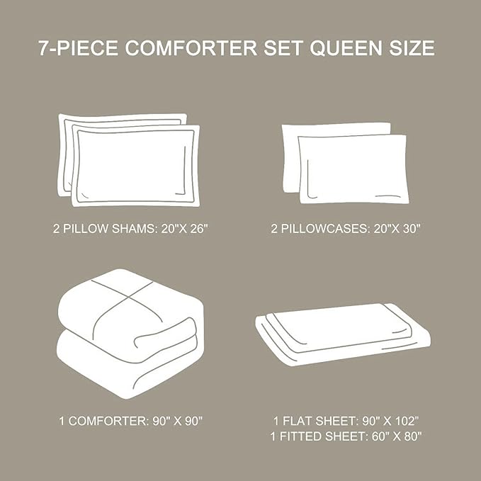 WONGS BEDDING Boho Comforter Set Queen,7 Pieces White Grey Geometric Bed in a Bag Comforter Bohemian Soft Microfiber Bedding Set for All Season with Pillowcases & Shams,Flat Sheet,Fitted Sheet