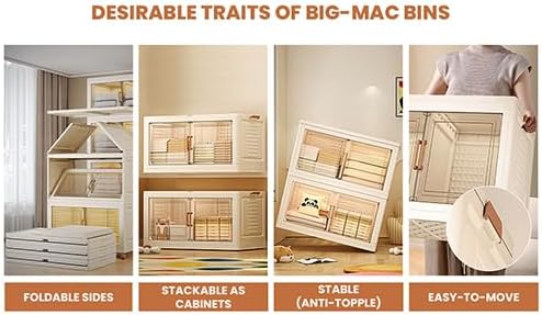 FINCHESCLUB 376QT/94Gal Large Stackable Storage Bins with Lids, Foldable Storage Bins with Doors and Wheels, Collapsible Closet Organizers for Home Office - 2 pack - Off White