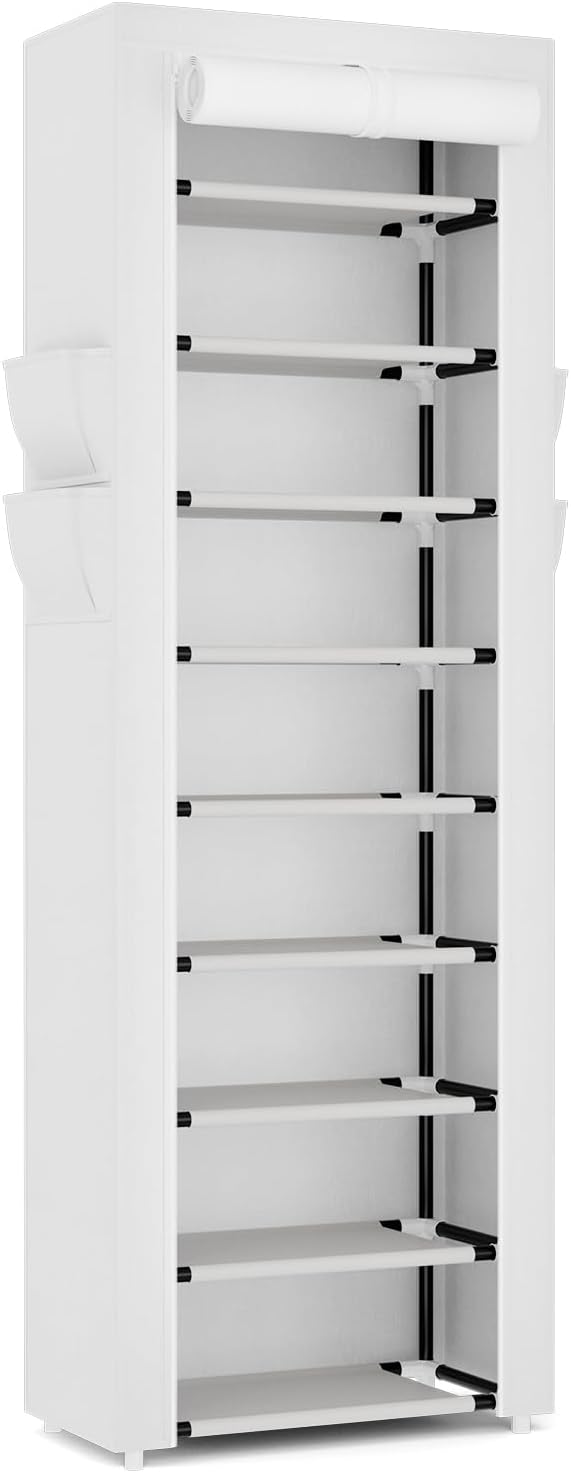 VILICK Shoe Rack with Cover Narrow Shoe Rack Organizer with 4 Side Pockets 10 Tier Tall Shoe Storage Shoe Shelf Holds 18-22 Pairs Shoes and Boots Shoe Rack for Closet, White - Image 8