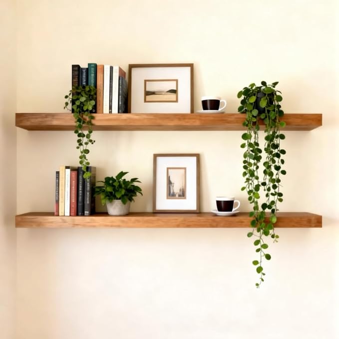 ROGMARS 36 Inches Long Walnut Floating Shelves,Rustic Solid Wood Farmhouse Wall Shelves with Invisible Brackets for Bathroom, Living Room, Bedroom, Kitchen Set of 2 - Image 9