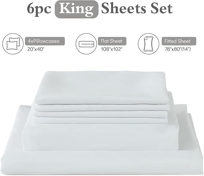 ILAVANDE White King Sheets Set 6 Piece,Hotel Luxury Super Soft 1800 Series Microfiber Bed Sheets King Set-Wrinkle & Fade Resistant-14 Deep Pockets Sheets for King Size Bed(King,White)
