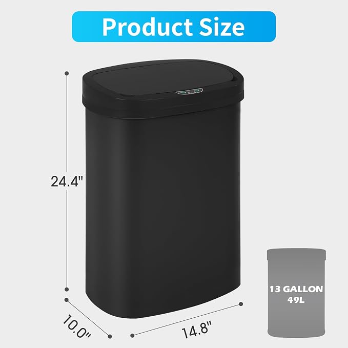 BestOffice Black Plastic Touch Free High-Capacity Garbage Can with Lid, 49L/13G, Rectangular, Quiet Close, Kitchen, Bedroom, Bathroom, Office - Image 7