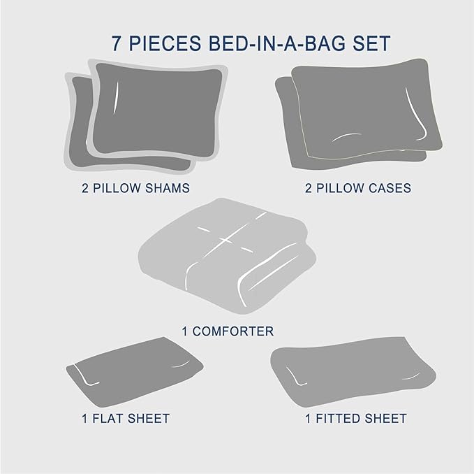 Zzlpp Full Comforter Set 7 Pieces, Beige Seersucker Bed in a Bag with Comforter and Sheets, All Season Bedding Sets with 1 Comforter, 2 Pillow Shams, 2 Pillowcases, 1 Flat Sheet, 1 Fitted Sheet