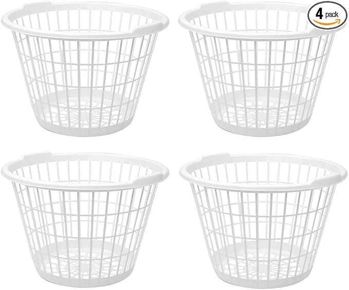 White Plastic Laundry Basket, 1 Bushel Capacity, Lightweight Round Design, 17.5 x 17.5 x 12 Inches, Set of 4 by Unknown