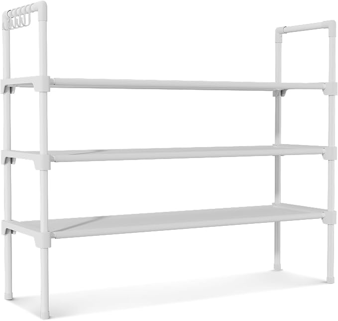 LANTEFUL 3 Tier Shoe Rack for Closet, Shoe Organizer with 5 Hooks, Long Shoe Shelf Storage for Shoe and Boot Stackable Free Standing Shoe Rack for Entryway, Garage, Small Spaces, Dorm, White - Image 8