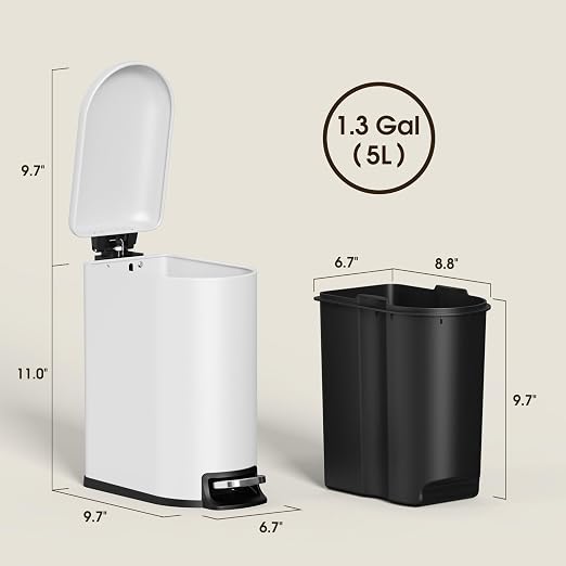 CEROELDA Small Bathroom Trash Can with Lid Soft Close, 5L/1.3 Gallon Stainless Steel Slim Garbage Can, Metal Waste Basket with Step Pedal, for Office, Bedroom, Toilet, Dorm Room (White, 1.3 Gallon) - Image 6