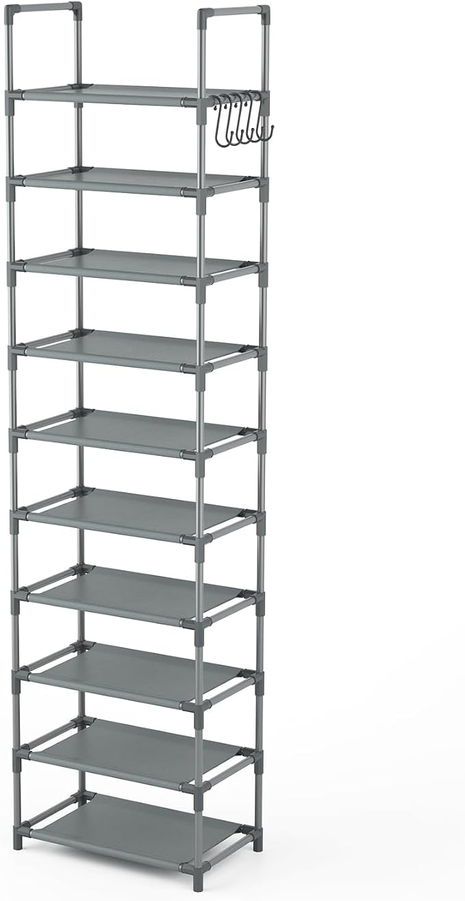 LANTEFUL 10 Tiers Tall Shoe Rack 20-25 Pairs Boots Organizer Storage Sturdy Narrow Shoe Shelf for Entryway, Closets with Hooks, Grey - Image 8