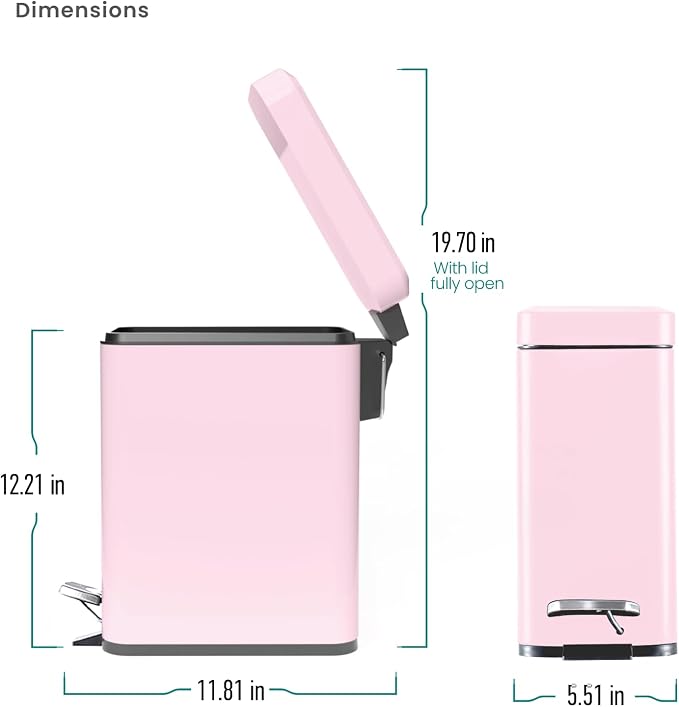 Home Zone Living 1.3 Gallon Small Bathroom Trash Can with Lid and Step Pedal, Stainless Steel Wastebasket with Slim Design for Home and Office, Matte Pink, 5 Liters - Image 8