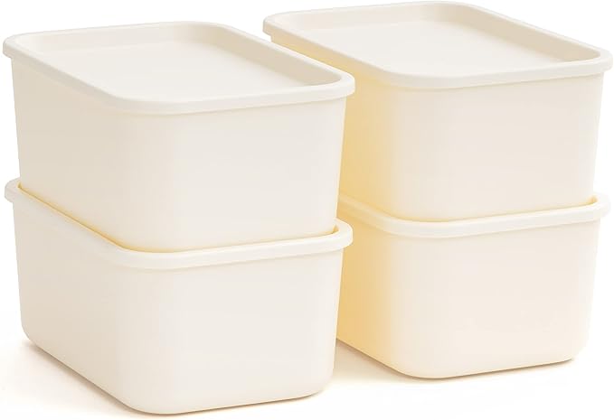 IRIS USA 7 Qt. Plastic Basket Storage Bins with Lids, Small, 4-Pack, Stackable Lidded Storage Organizer Bins for Kitchen, Bathroom and Bedroom, Off White
