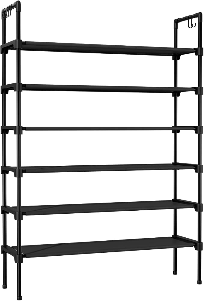 LANTEFUL 6 Tier Shoe Rack for Closet Shoe Organizer with 5 Hooks, Long Shoe Shelf Storage for Shoe and Boot Stackable Free Standing Shoe Rack for Entryway, Garage, Small Spaces, Dorm, Black - Image 8