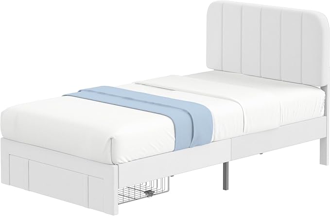 VECELO Twin Size Upholstered Bed Frame with 4 Drawers and Headboard, Velvet Platform Storage Bedframe, Wooden Slats Support, No Box Spring Needed,White