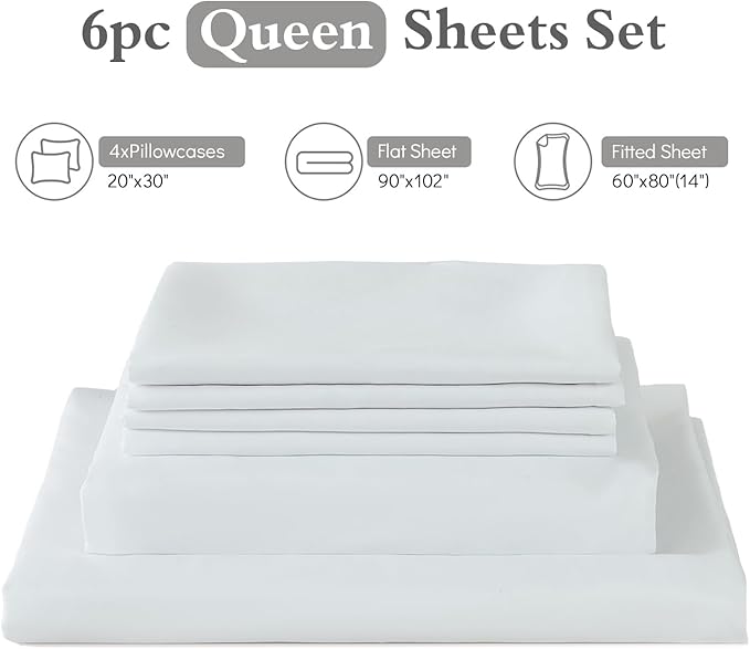 ILAVANDE White Queen Sheets Set 6 Piece,Hotel Luxury Super Soft 1800 Series Microfiber Queen Bed Sheets Set-Wrinkle Free & Breathable-14 Deep Pocket Sheets for Queen Size Bed(Queen,White)