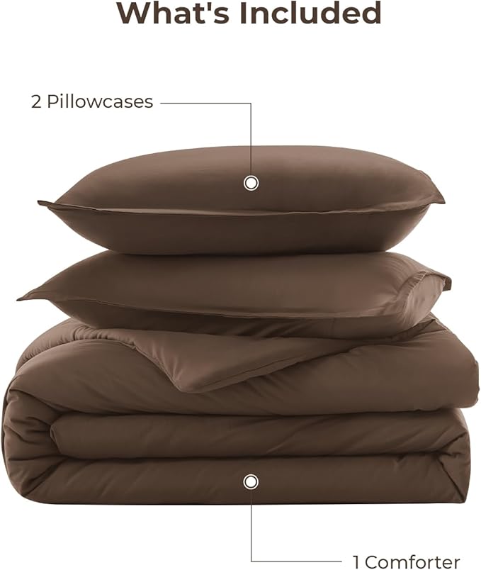Litanika Brown Comforter Set King Size, 3 Pieces Lightweight Solid Bedding Comforter Set, All Season Fluffy Bed Set (104x90In Comforter & 2 Pillowcases)