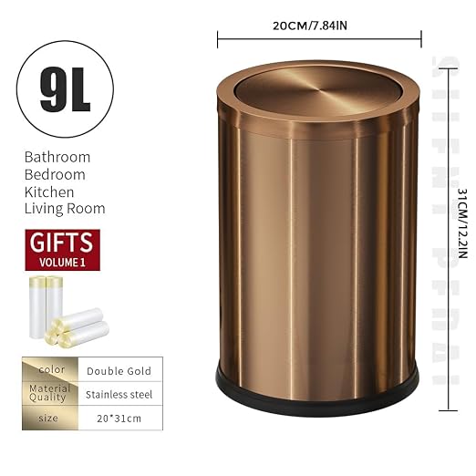 Antique Brass Bathroom Trash can with lid,Stainless Steel,Small Grabage Can with Flipping Lid, 9L/2.4Gal for Living Room,Bedroom,Guest Room,Hotel (Rose Gold) - Image 8