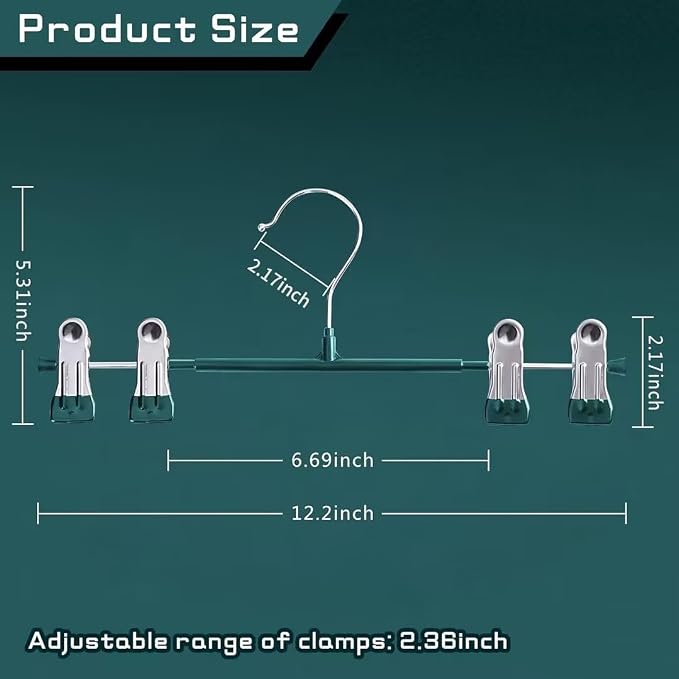 Pants Hangers with Clips 10 Pack Adjustable Skirt Hangers for Women Non-Slip Trousers Hanger for Jeans Shorts Clothes Hanger for Pants Heavy Duty Space Saving,Green,12Inch - Image 7