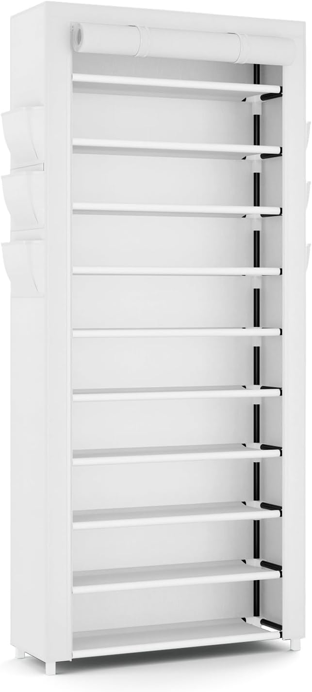 VTRIN Vertical Narrow Shoe Rack Organizer Tall Shoe Rack for Closet Entryway 10 Tier Non-Woven Cover Shoe Shelf Holds 36-41 Pairs Free Standing Shoe Storage Cabinet with Dustproof Cover, White - Image 8