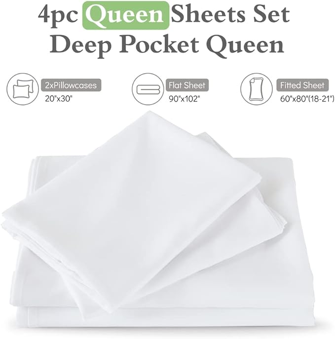 ILAVANDE Deep Pocket Queen Sheets Set 4 Piece, Hotel Luxury Super Soft 1800 Series Microfiber Queen Bed Sheets Set-Wrinkle Free & Breathable-18-21 Deep Pocket Sheets for Queen Size Bed,White