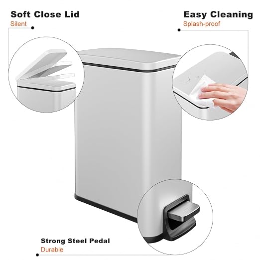 Slim Bathroom Trash Can with Lid Soft Close, 1.6 Gallon Stainless Steel Garbage Can with Removable Inner Bucket, Durable Step Pedal, Small Trash Bins for Toilet, Bedroom, Kitchen, Office - Image 7