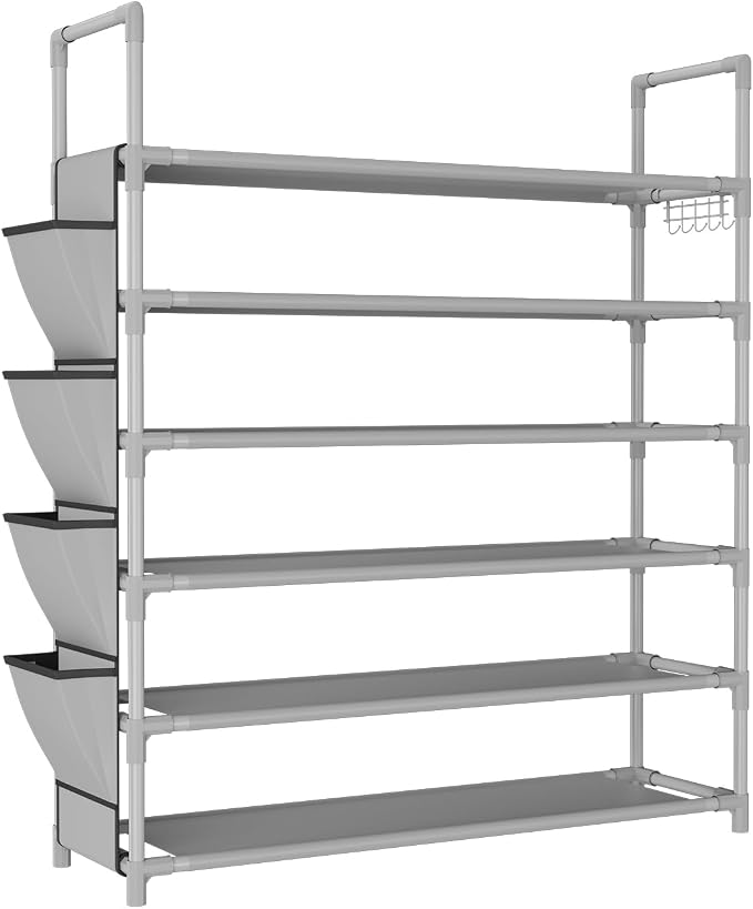 LANTEFUL 6 Tier Shoe Rack Storage for 24-30 Pairs Shoe and Boot, Shoe Organizer with Hook and Side Pocket Free Standing Long Shoe Shelf Tall Shoe Rack Organizer for Closet, Entryway, Dorm, Grey - Image 8