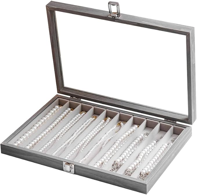 Glass Lid Necklace Organizer Box Transparent Necklace Holder Organizer Velvet Necklace Display Box Clear Lid Jewelry Storage Stackable Necklace Display Case for Women Girls (Grey) - Image 7