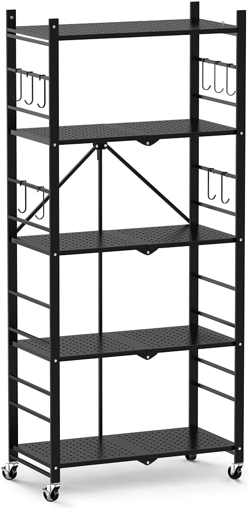 Himix Storage Shelves with 20 Hooks, 5-Tier Collapsible Organization Storage Rack Bookshelf Folding Pantry Shelves Cube Shelf Wire Shelving Holds 440 Ibs for Garage Kitchen Room, Black - Image 9