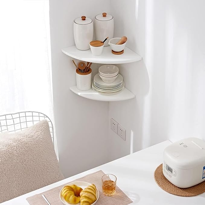 Corner Shelf, Solid Oak Wood Floating Corner Shelf Wall Mount Round End Floating Speaker with Wire Hole for Small Plant Photo for Bedroom Kitchen, Living Room White - Image 8
