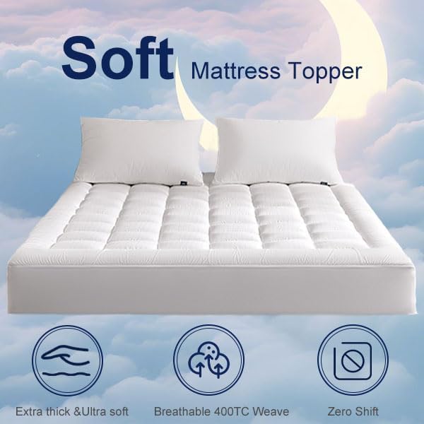 ACCURATEX Ultra Soft Mattress Topper California King - 2 Inches Double Layer Comfort Pillow Top Mattress Pad for Back Pain Relief, Natural Cotton Breathable Surface,8-21 Inches Deep Pocket,72x84