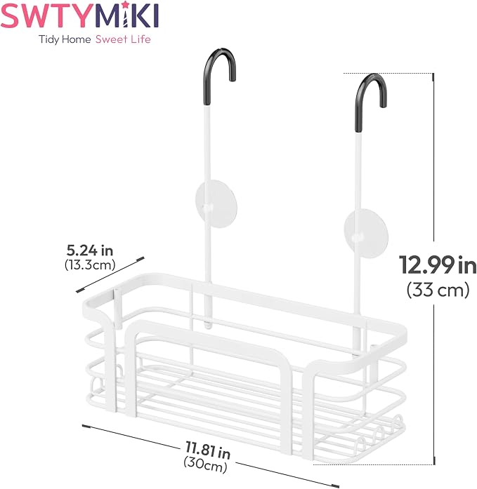 SWTYMIKI Shower Caddy Hanging Organizer - Over the Door Shower Caddy with 6 Hooks, 2 Installation Ways, Stainless Steel Rustproof Bathroom Organizer, White - Image 8