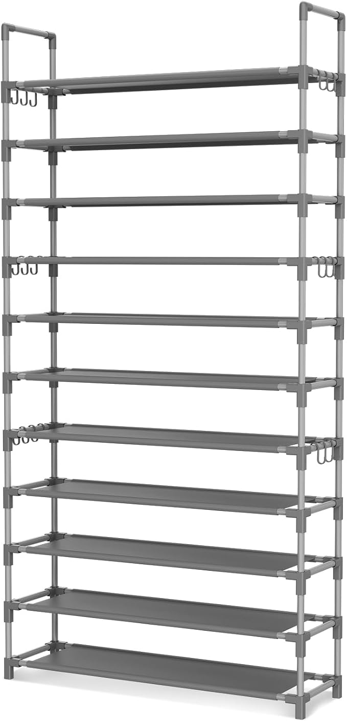 LANTEFUL 11 Tiers Tall Shoe Rack Holds 55 Pairs of Shoes with 18pcs Hooks Sturdy Wide Shoe Organizer Storage Free Standing Metal Shoe Shelf for Closet, Entryway Grey - Image 8