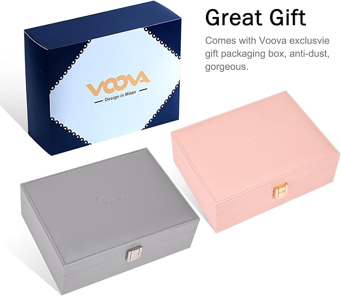 Voova Jewelry Box Organizer for Women Girls, 2 Layer Large Men Jewelry Storage Case, PU Leather Display Jewellery Holder with Removable Tray for Necklace Earrings Rings Bracelets, Vintage Gift, Pink - Image 7