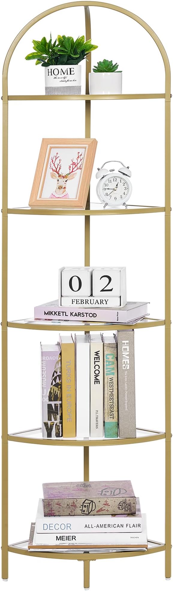 Homhedy 5-Tier Corner Shelf Stand, Metal Corner Bookshelf, Tempered Glass Shelves, Bathroom Storage Rack Shelf, Plant Stand, Modern Style, Golden - Image 9