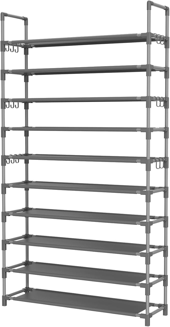LANTEFUL Tall Shoe Rack 10 Tier Shoe Organizer Large Shoe Shelf with 18 Hooks Storage for 50 Pair Sneaker and Boot, Stackable Vertical Shoe Rack Organizer for Closet, Entryway, Bedroom, Grey - Image 8