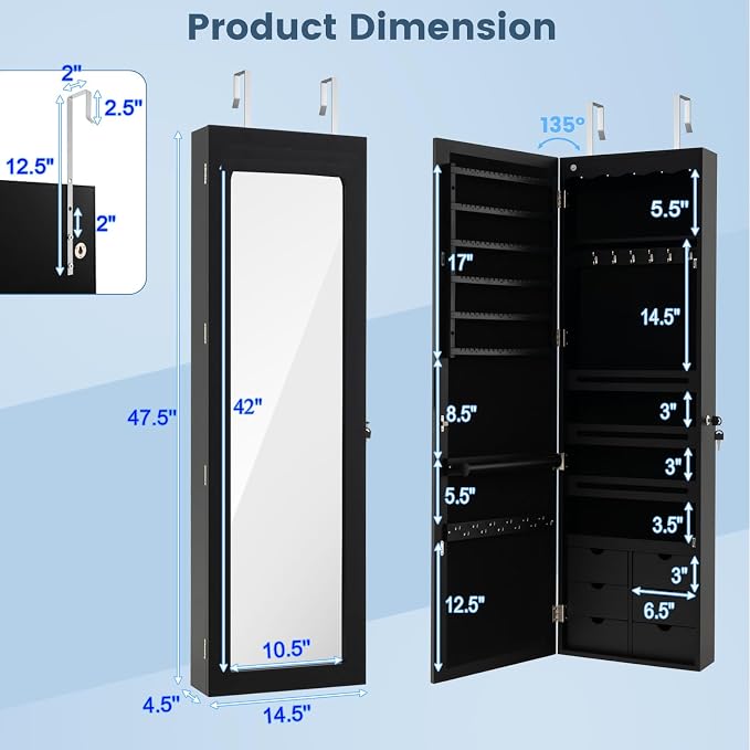 Giantex Wall Door Mounted Jewelry Cabinet with Full Length Mirror, Lockable Over Door Jewelry Armoire with LED Lights, 47.5" Large Jewelry Storage Organizer with 6 Drawers, Black - Image 5