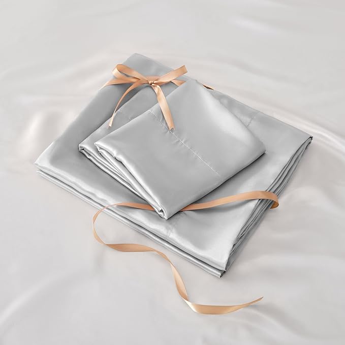 BEDELITE Satin Sheets Twin Size Bed Set, Luxury Soft Grey Silky Sheets for Hair and Skin, Similar to Silk Bed Sheets Set 3 Pieces with 1 Deep Pocket Fitted Sheet, 1 Flat Sheet, and 1 Pillowcase