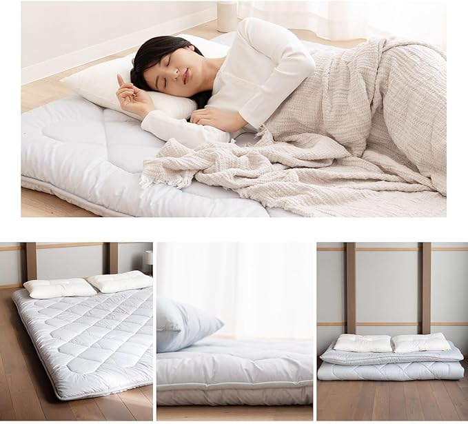 EMOOR Japanese Floor Futon Mattress Anti-Sag Full Made in Japan 100% Cotton Chip Foam Gray, Shikibuton Foldable Sleeping Bed Tatami Mat