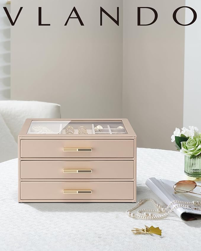 VLANDO 3 Layer Jewelry Box for Women, Mothers Day Gifts for Women, Glass Lid Jewelry Organizer with 3 Drawers for Necklaces Rings Earrings Bracelets - Toffee - Image 6