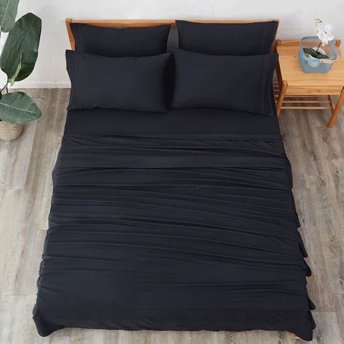 SONORO KATE Bed Sheet Set Super Soft Microfiber 1800 Thread Count Luxury Egyptian Sheets 18-Inch Deep Pocket,Wrinkle and Hypoallergenic-6 Piece (Black, California King-6 Piece)