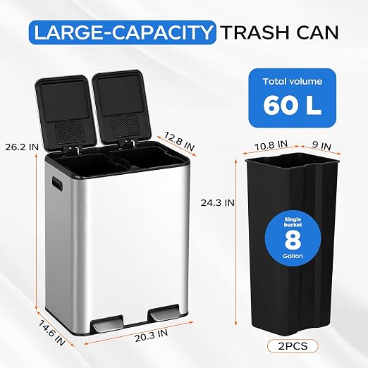 PayLessHere Trash Can, 16 Gallon (2x8G) 60 Liter Rectangular Trash Cans Stainless Steel Step Trash Can with Inner Buckets and Hinged Lids, Suitable for Kitchen Office Home Use,Silver - Image 7