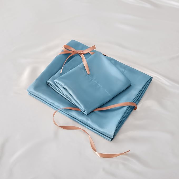 BEDELITE California King Sheets Set, Luxury Soft Airy Blue Satin Sheets for Hair and Skin, Similar to Silk Bed Sheets Set 4 Pieces with 1 Deep Pocket Fitted Sheet, 1 Flat Sheet, and 2 Pillowcases